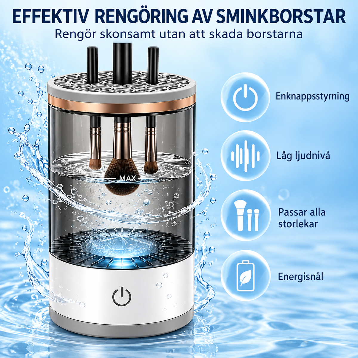 Elektrisk sminkborstrengörare, transparent, produktbild med LED-info