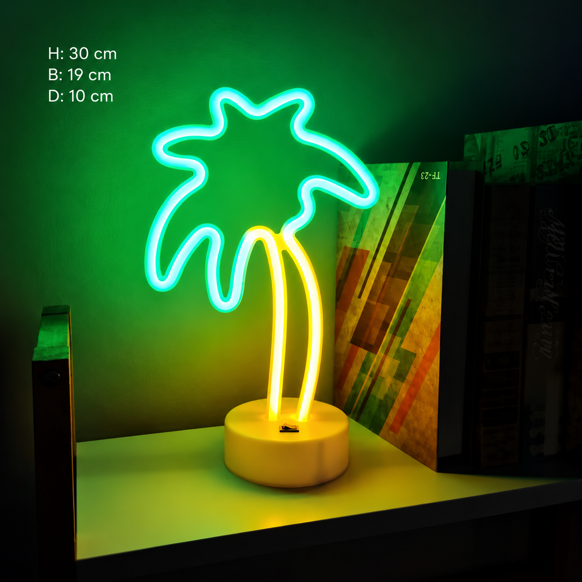Neonlampa kokospalm, grönt och gult ljus