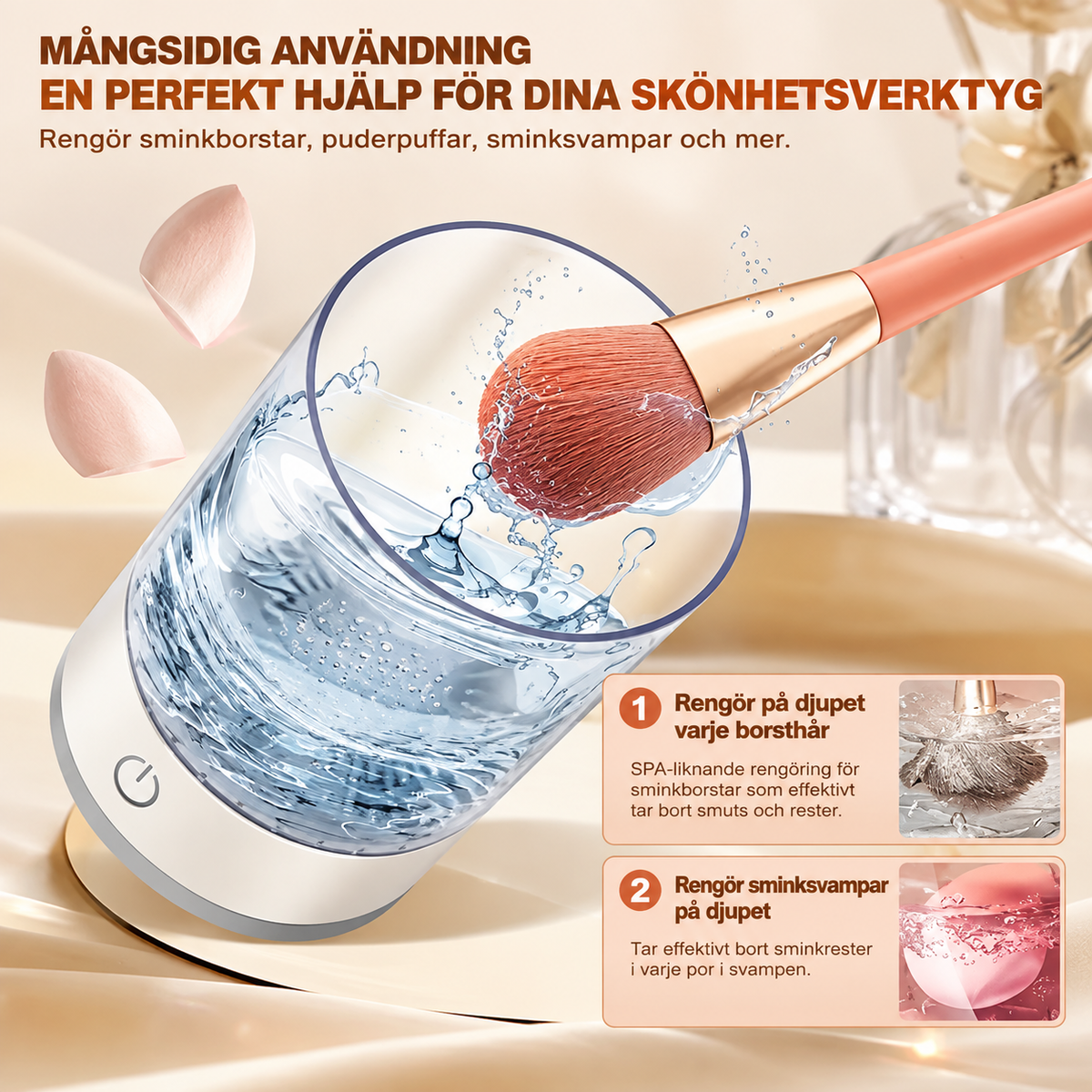 Elektrisk sminkborstrengörare, transparent, med sminkborstar och puderpuff