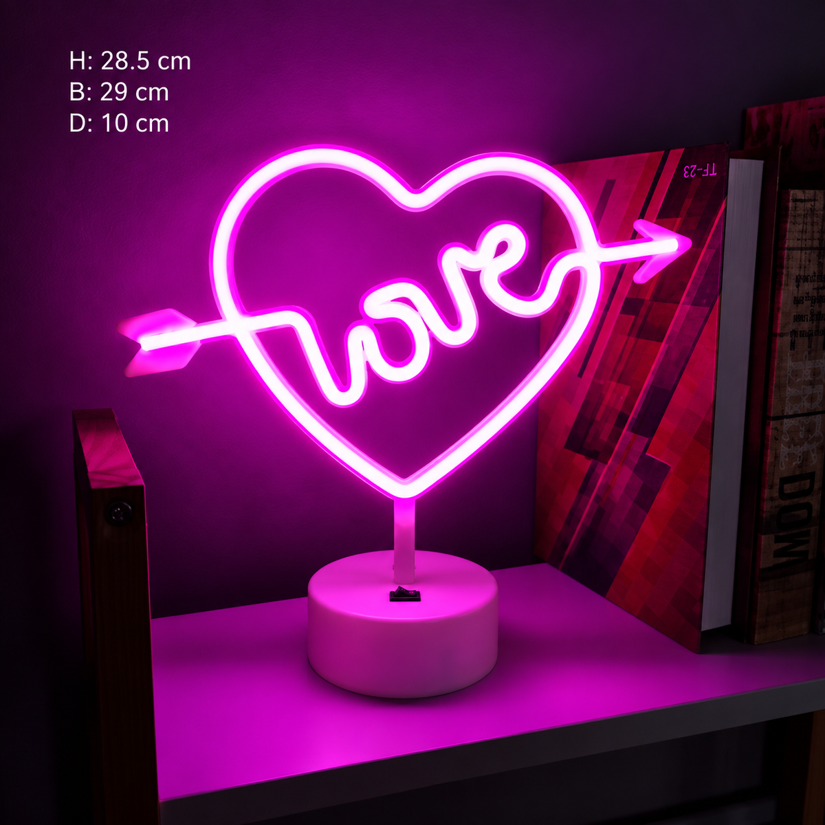 Neonlampa hjärta med pil och kärlekstext, rosa ljus