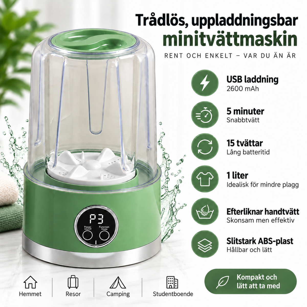 Grön trådlös mini-tvättmaskin med funktioner, USB-laddning