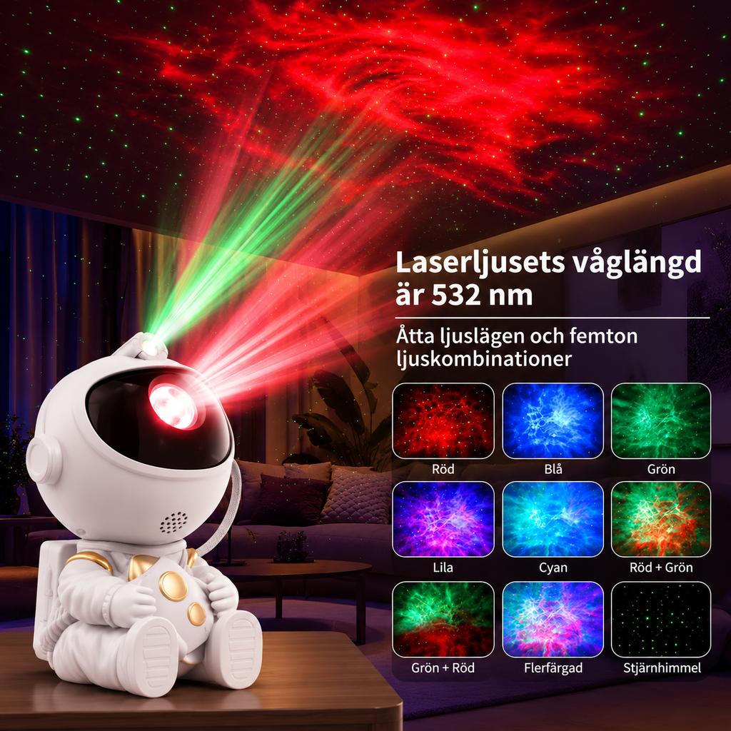 Astronaut stjärnprojektor som visar nebulaeffekt i sovrum
