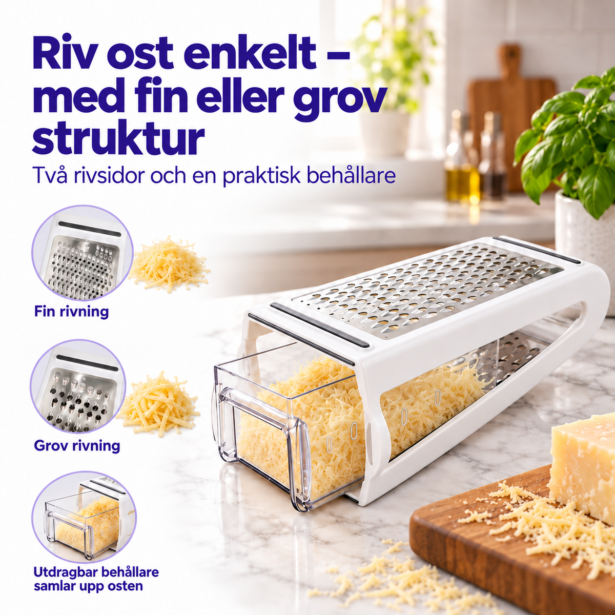 Rivjärn med fin och grova rivsida och uttagbar behållare