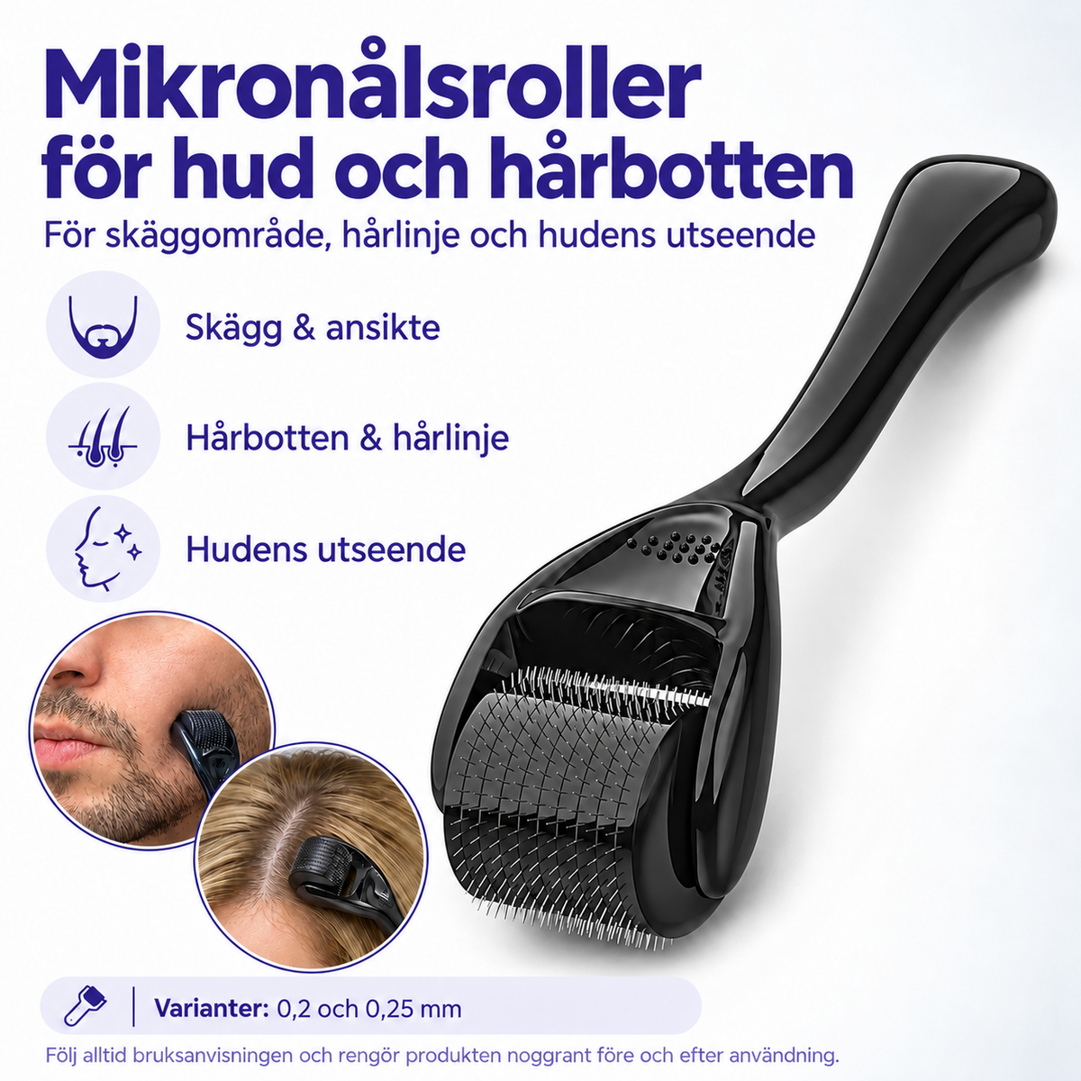 Infografik – mikronålsroller med varianter 0,2 och 0,25 mm för hud och hårbotten