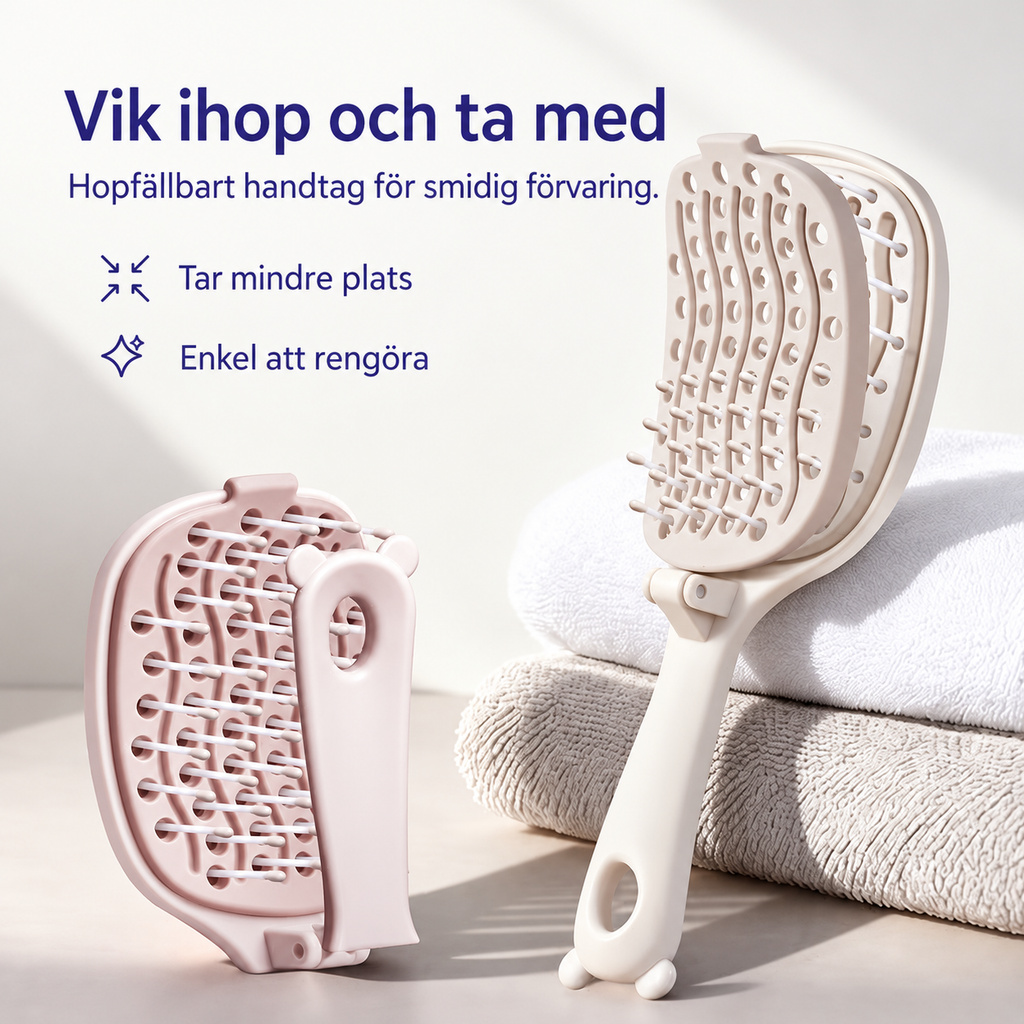 Hårborste med ihopvikt handtag bredvid en uppfälld hårborste på handdukar