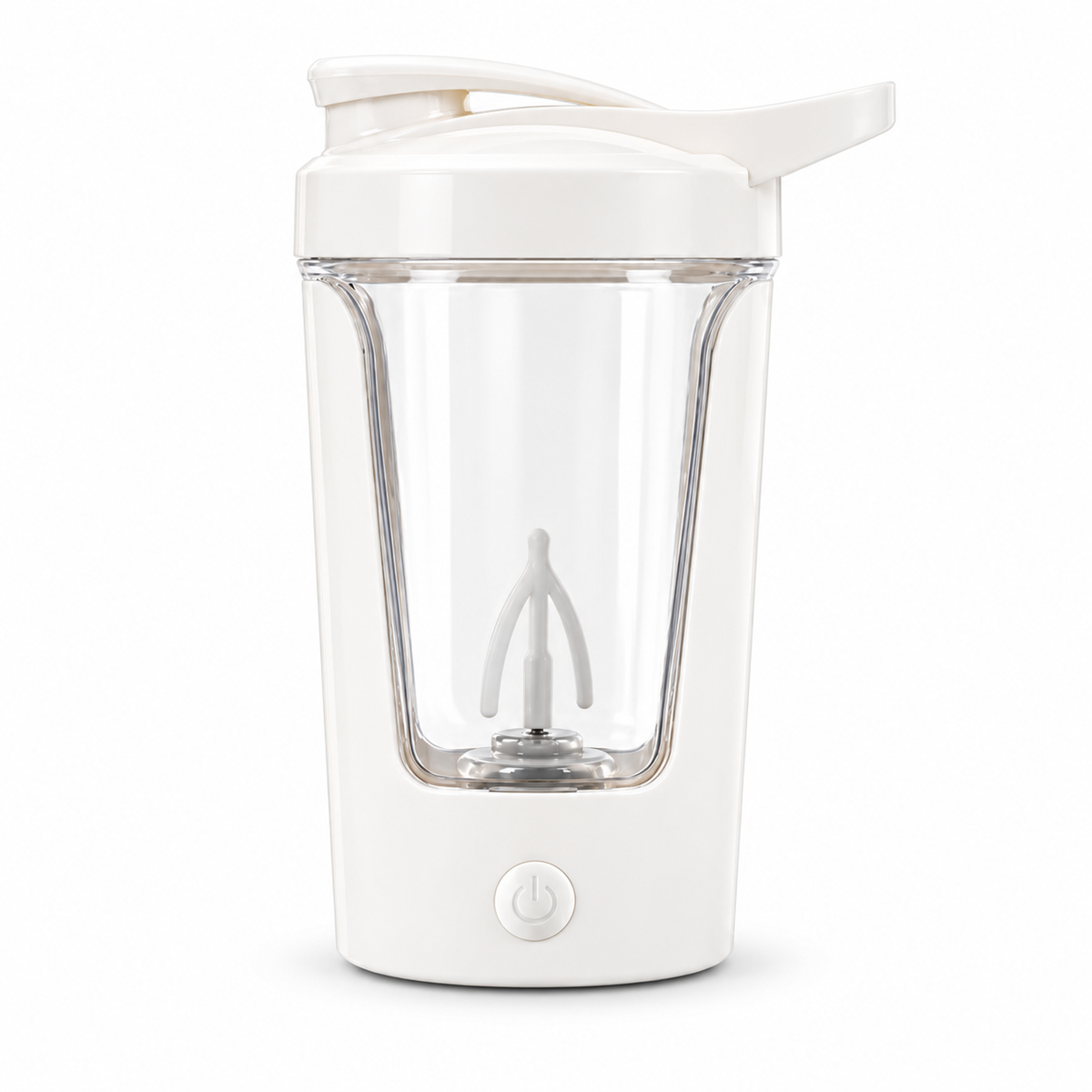 Elektrisk proteinshaker i vitt med blandare och startknapp