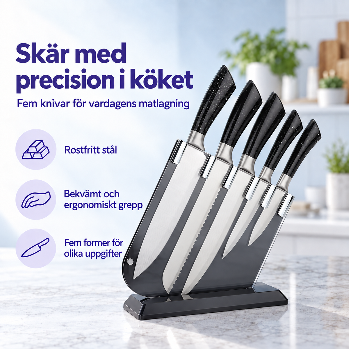 Fem kockknivar i svart knivblock med texten rostfritt stål på köksbänk