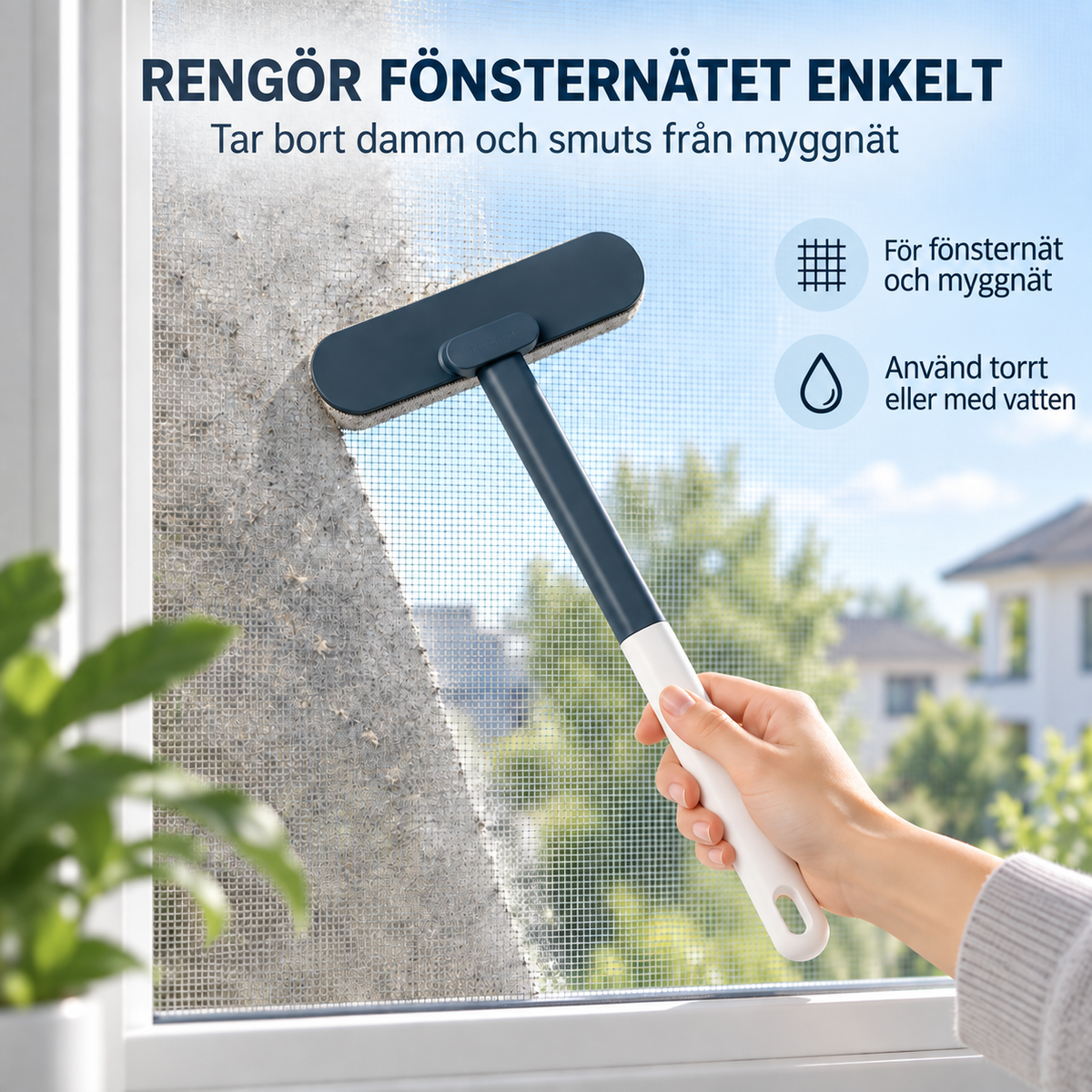 Användning av fönsternätsborste på myggnät