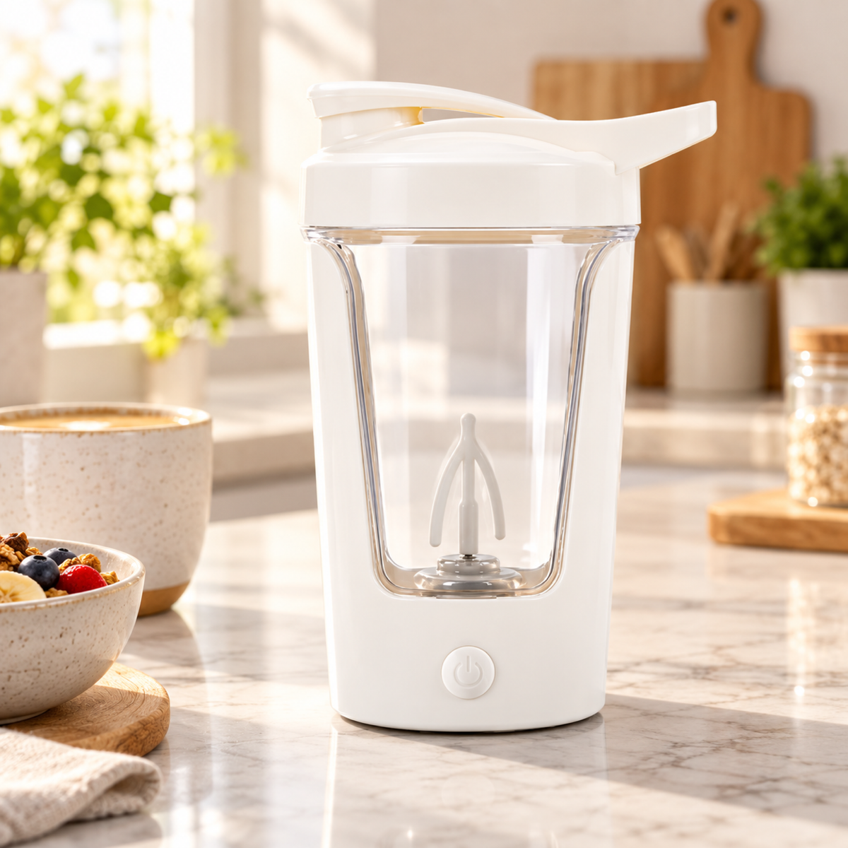 Vit elektrisk proteinshaker på en köksbänk i marmor
