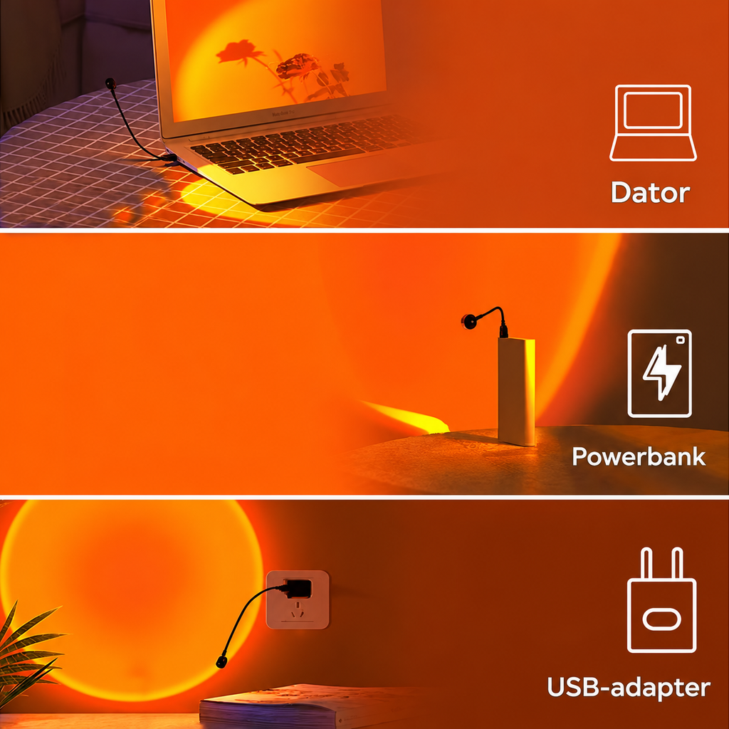 Infografik som visar att lampan kan anslutas till dator powerbank eller USB-adapter