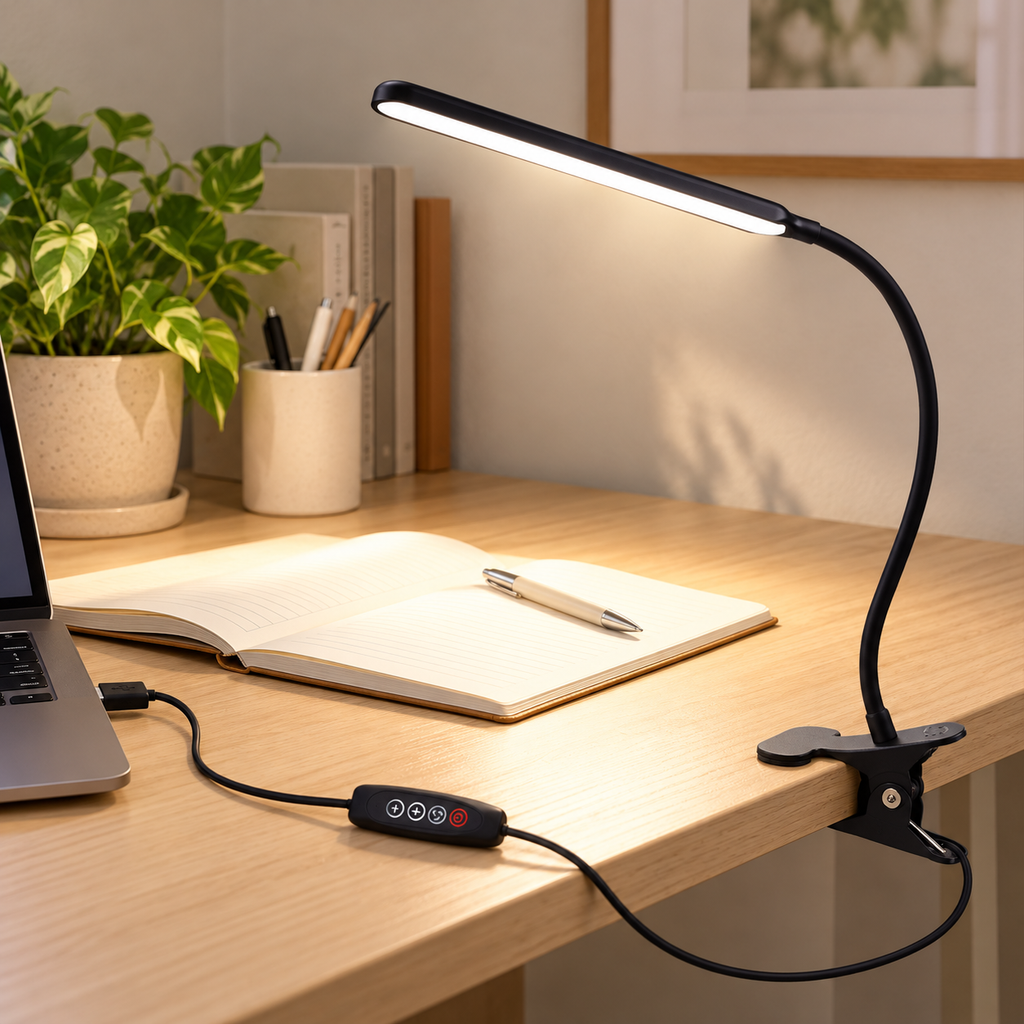LED clip-on bordslampa fäst på skrivbordskant – lifestyle