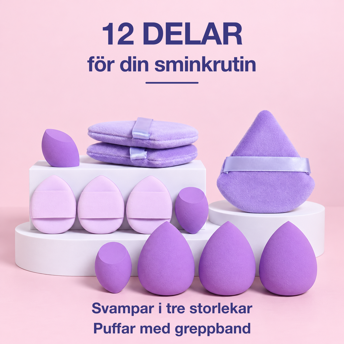 Makeupsvampar set med 12 delar i lila med svampar i tre storlekar och puffar med greppband