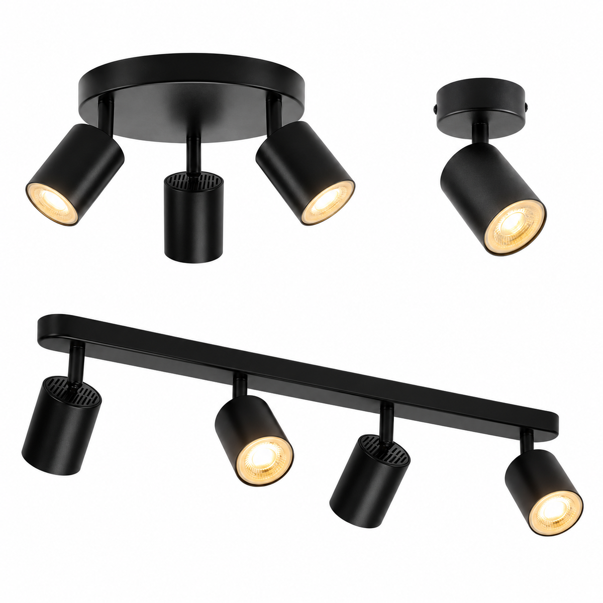 Svarta takspotlights med 1, 3 och 4 spots på vit bakgrund