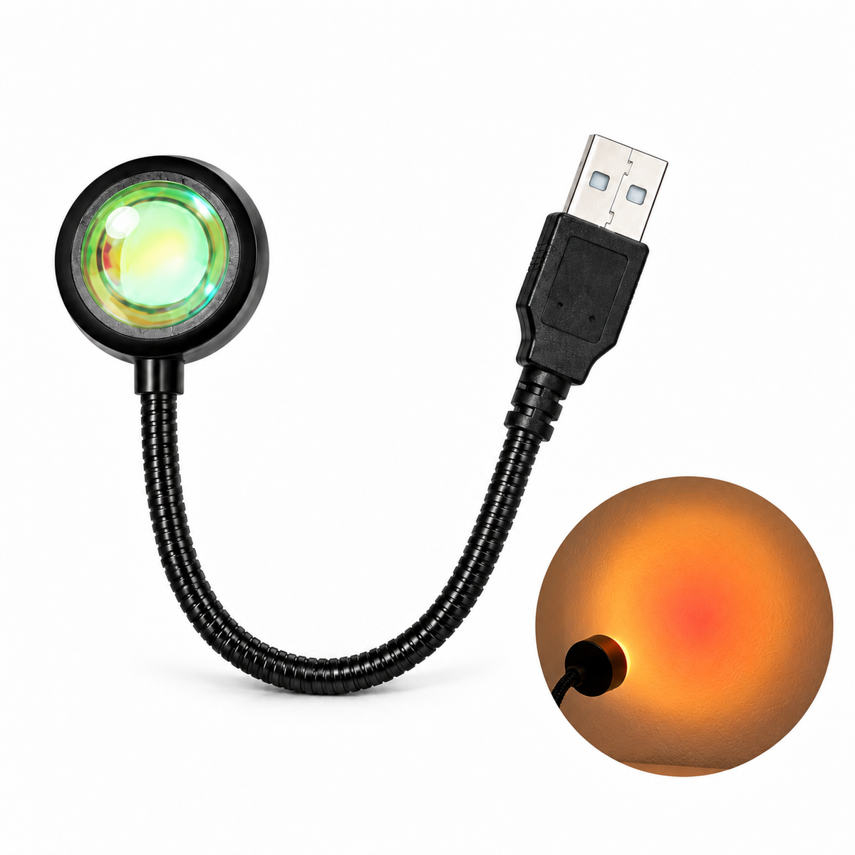 Svart solnedgångslampa med böjbar arm och USB-kontakt