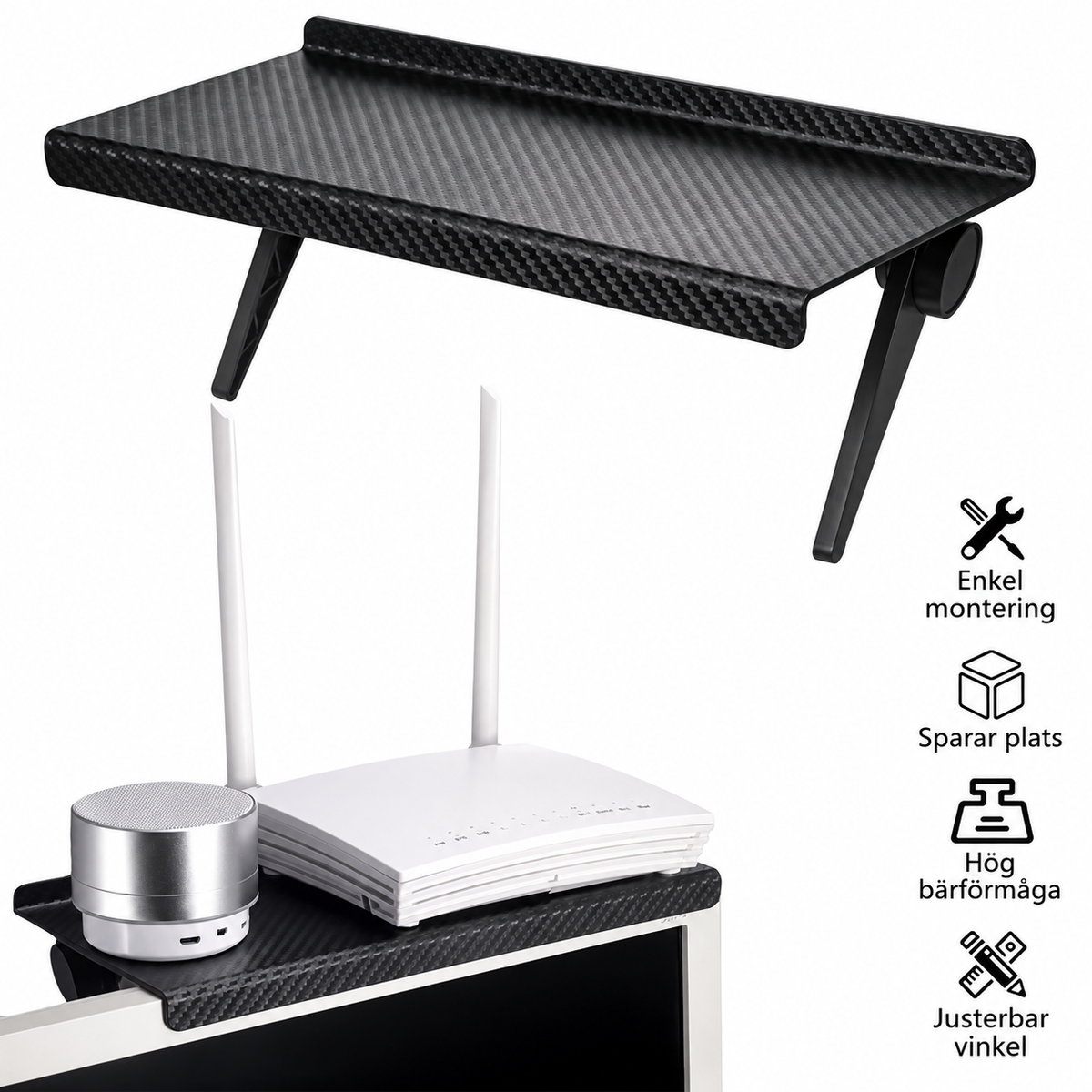 Klämhylla med router och högtalare - enkel montering