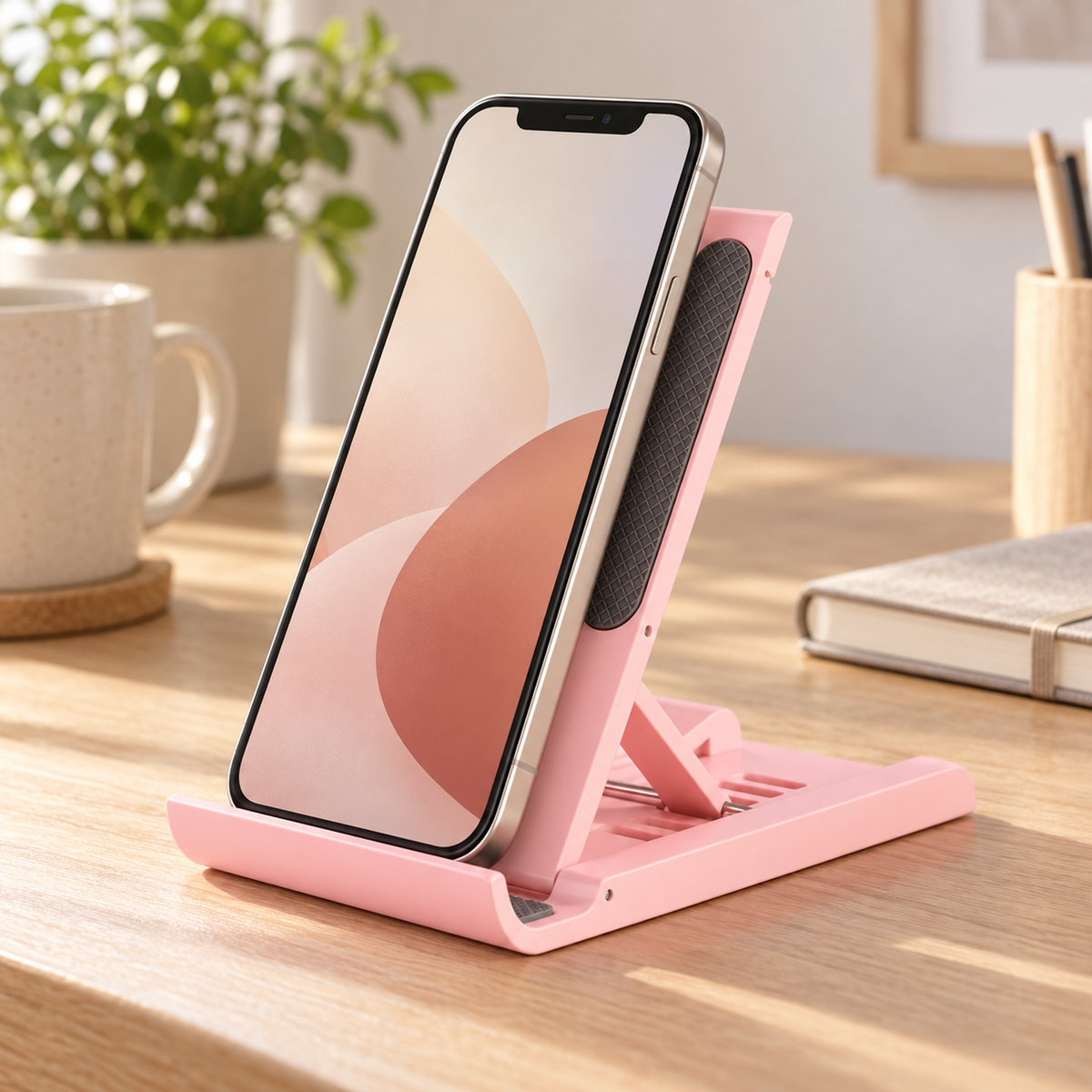 Mobil i rosa mobilställ på skrivbord bredvid en mugg och en växt