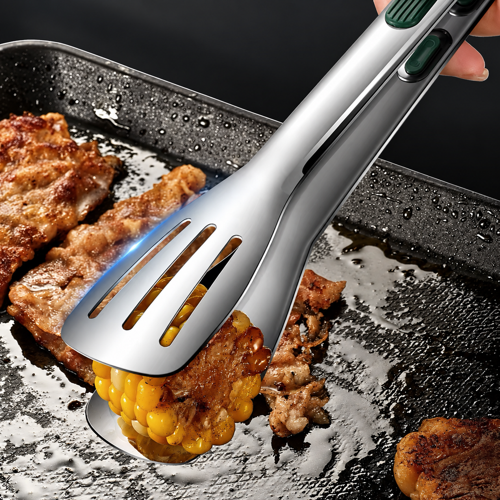 Grilltång med spatelformade gripytor lyfter kött och majs
