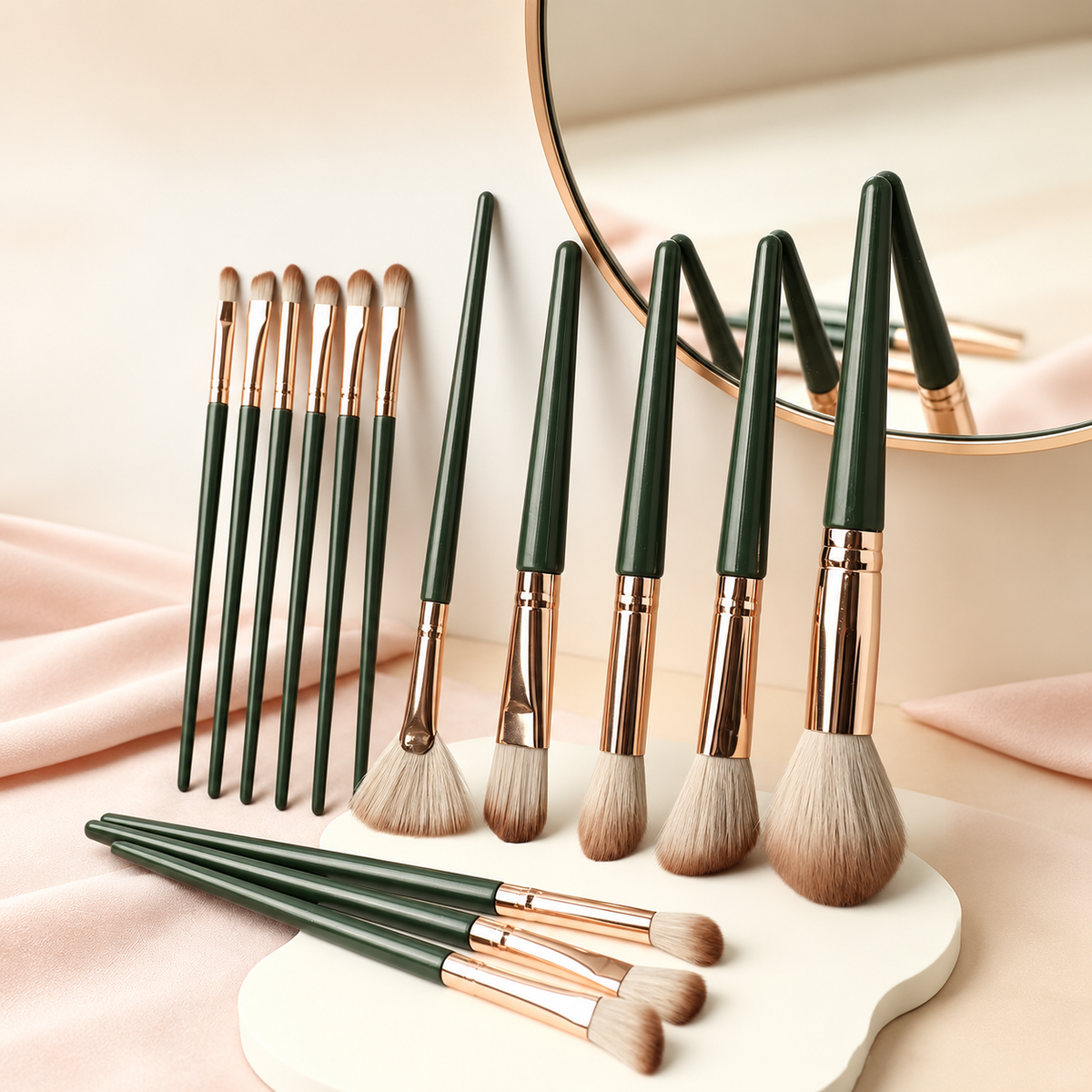 Makeupborstar med mörkgröna skaft och kopparfärgade hylsor uppställda bredvid en spegel