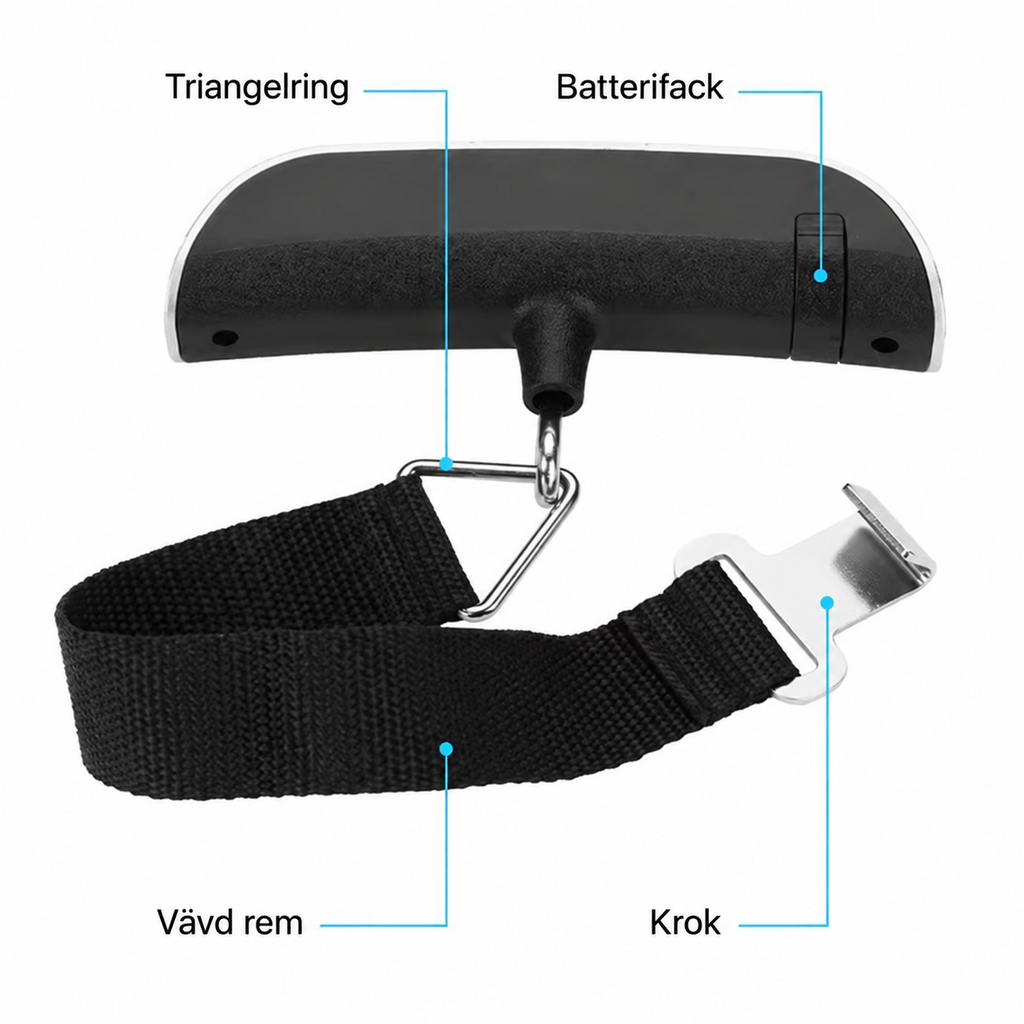 Bagagevågens delar - triangelring, batterifack, vävd rem och krok