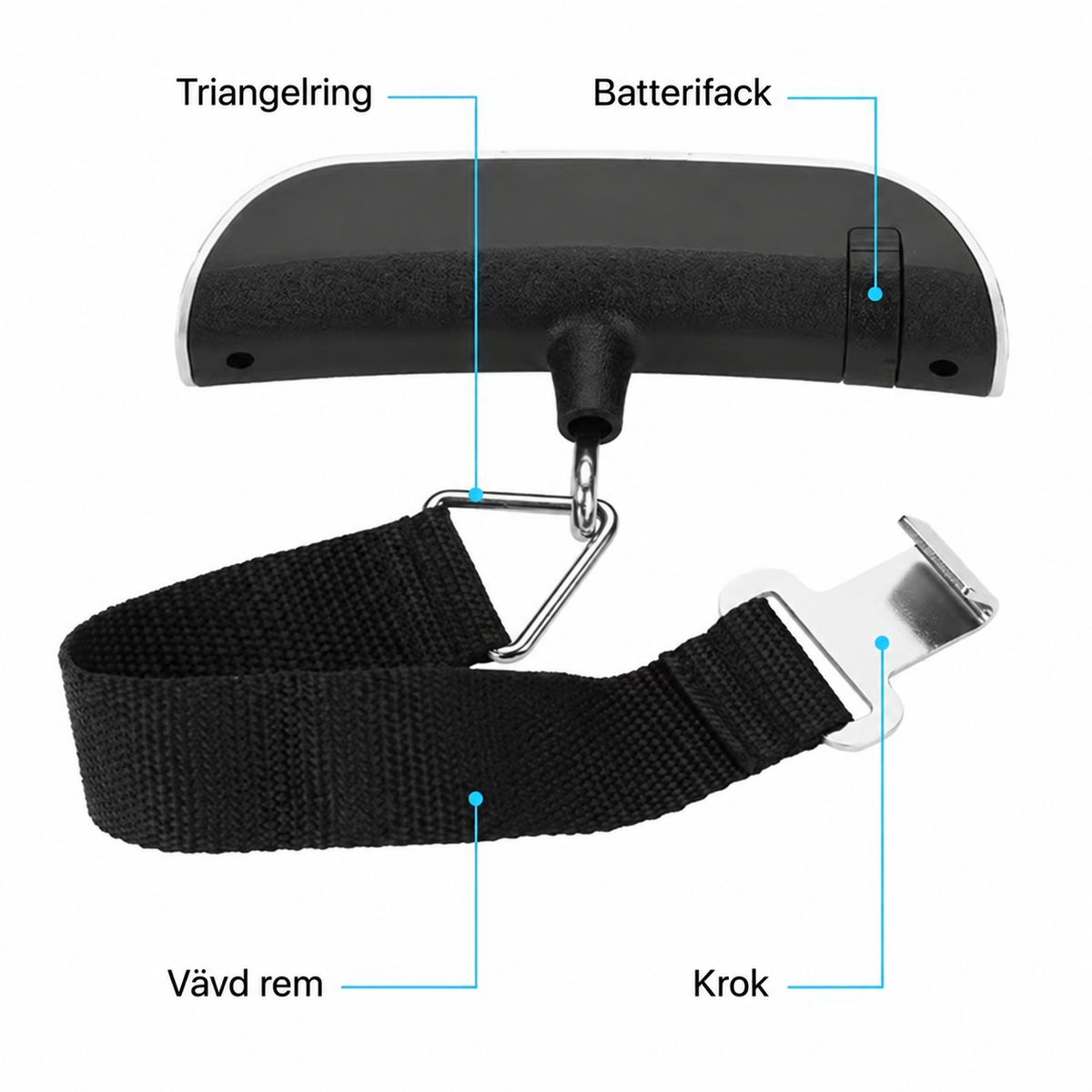 Bagagevågens delar - triangelring, batterifack, vävd rem och krok