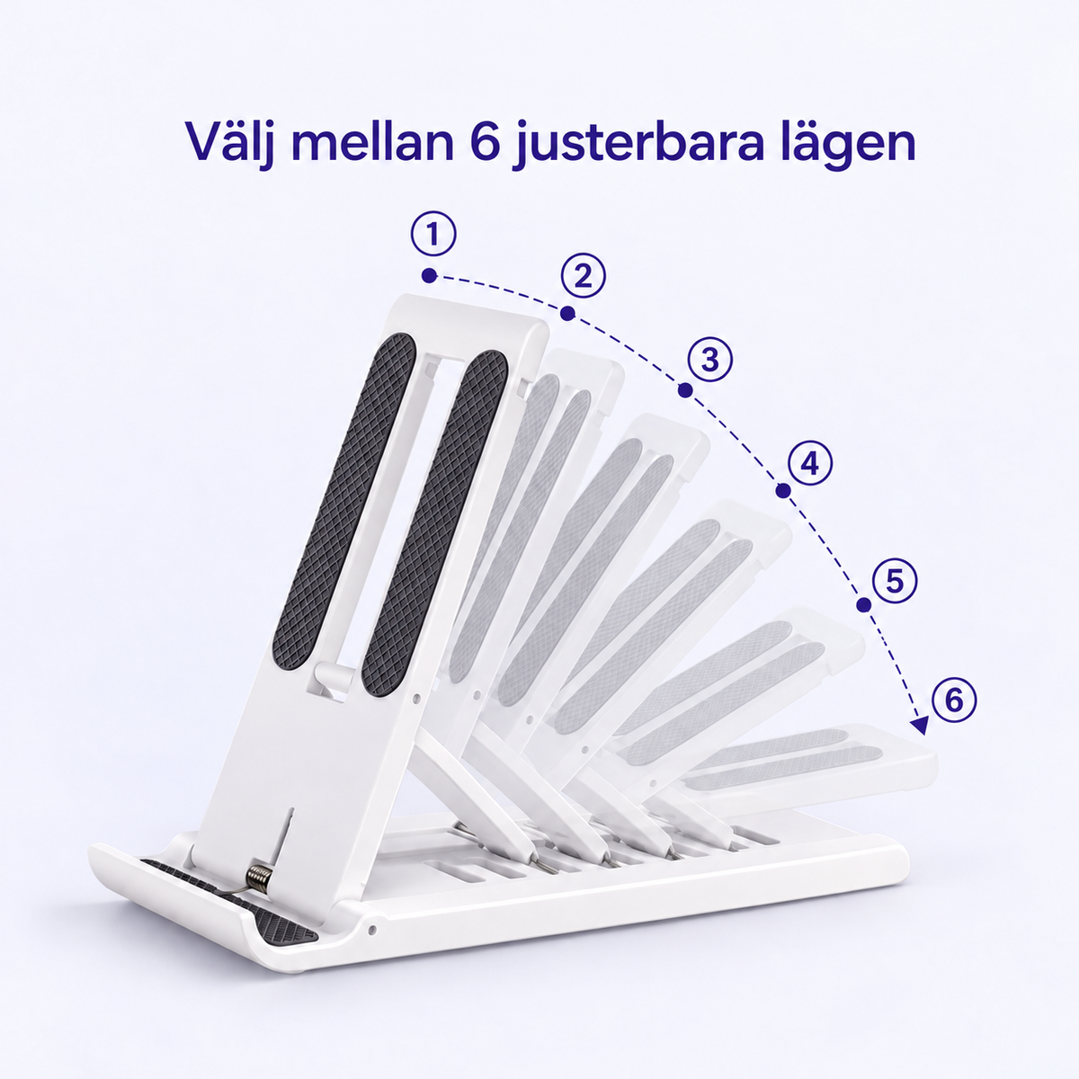 Infografik: mobilställ med sex justerbara lägen