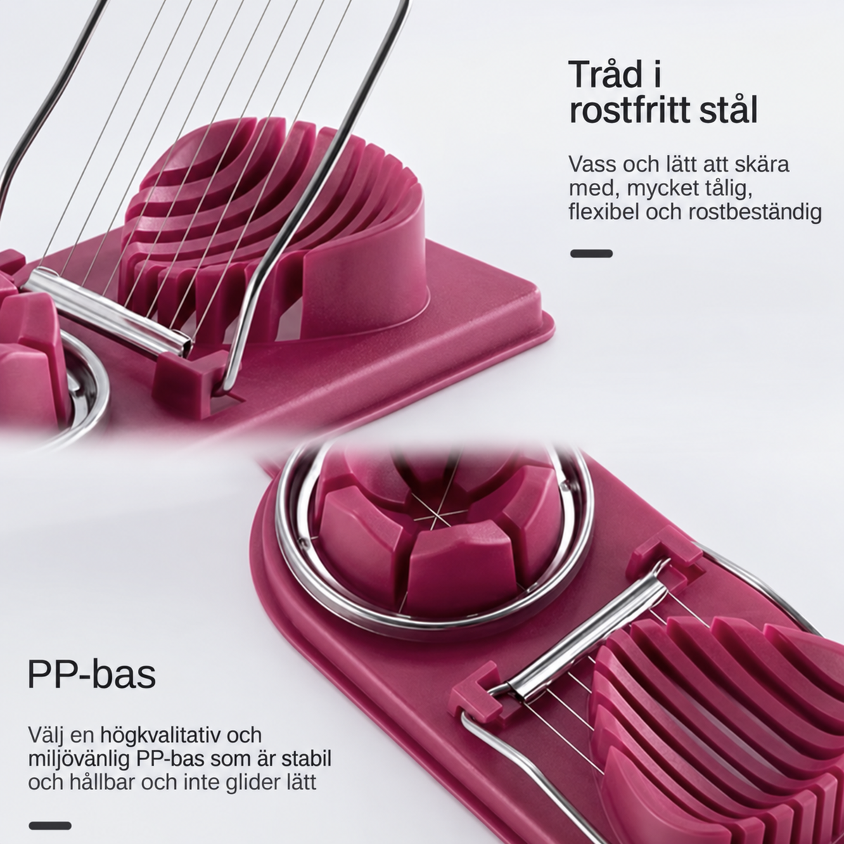 Närbild på röd äggdelare med tråd i rostfritt stål och PP-bas