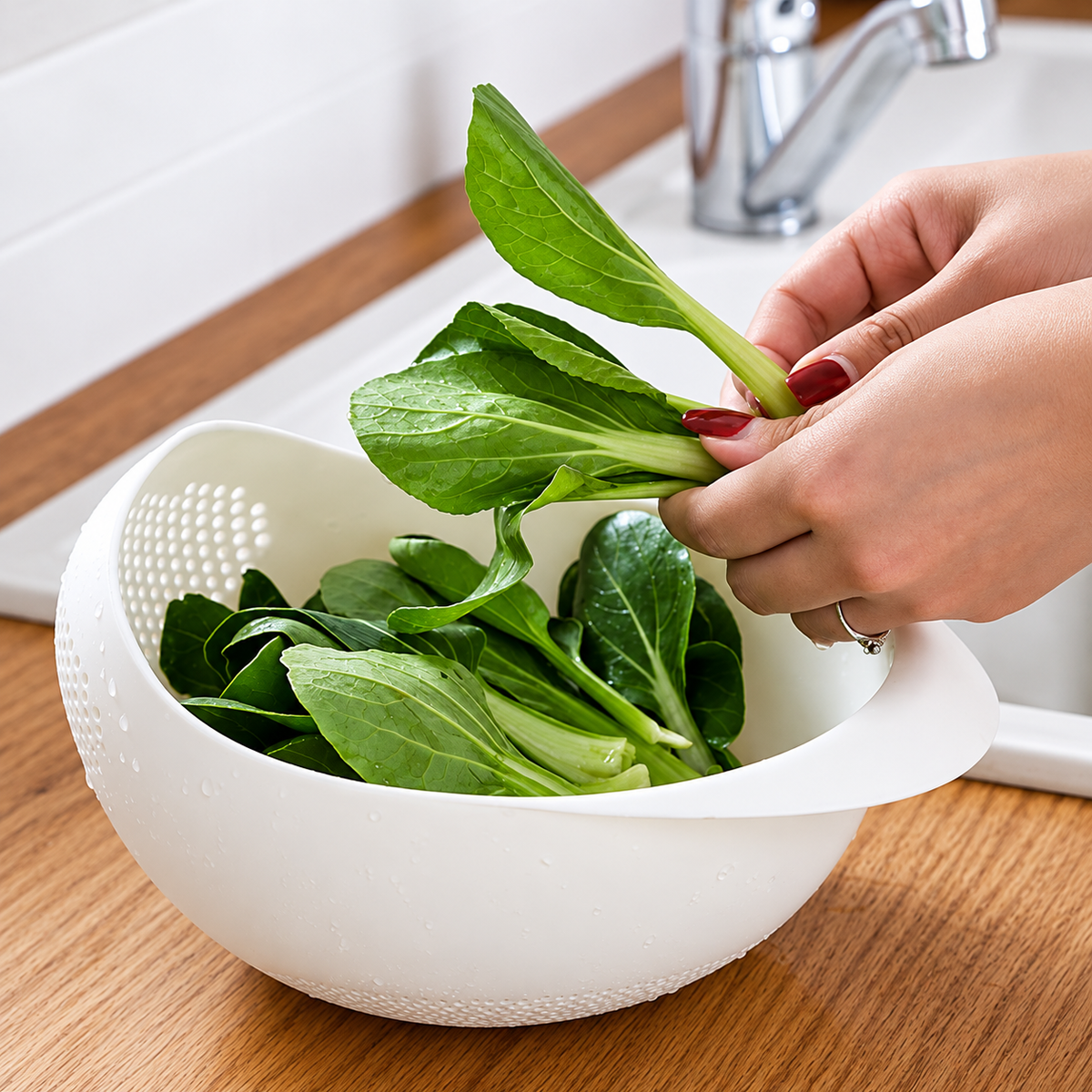 Vit sil med pak choi och bladgrönsaker i köket