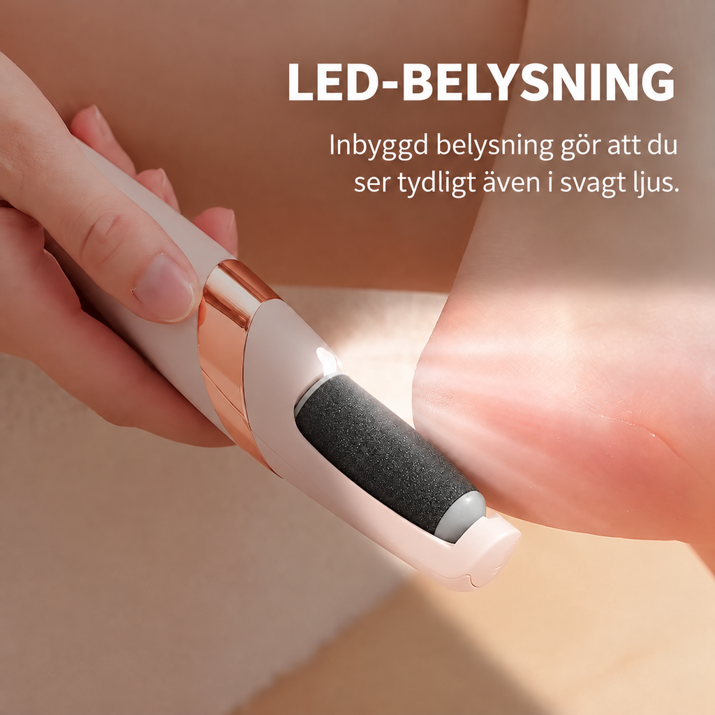 LED-belysning lyser upp hälen under användning av elektrisk fotvårdsfil