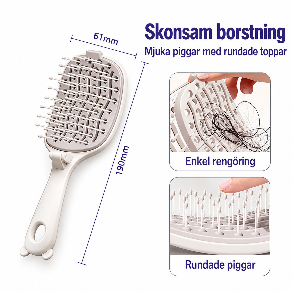 Vit hopfällbar hårborste med måtten 61 × 190 mm och bilder på enkel rengöring och rundade piggar
