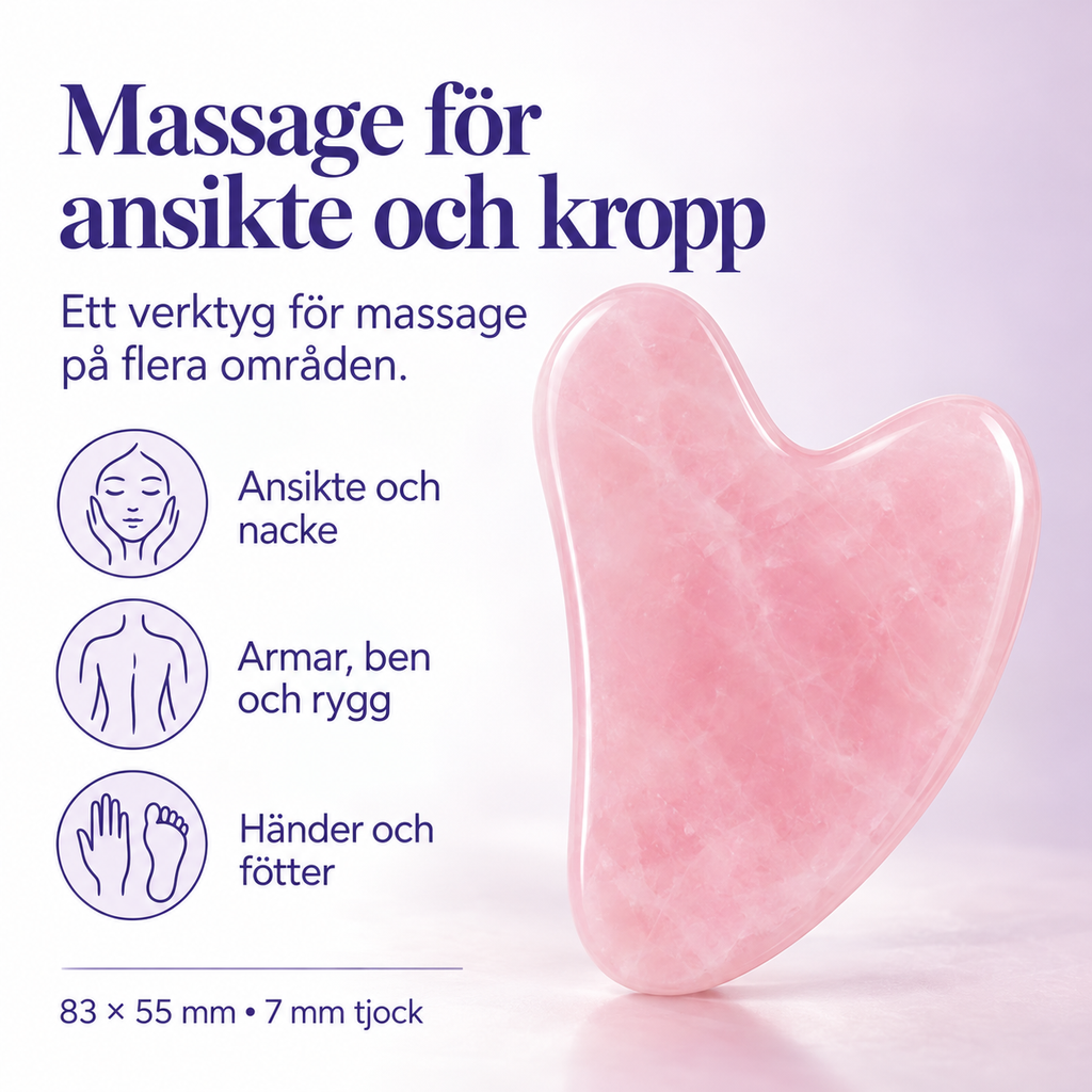 Rosa gua sha-verktyg i hjärtform – massageområden ansikte och kropp