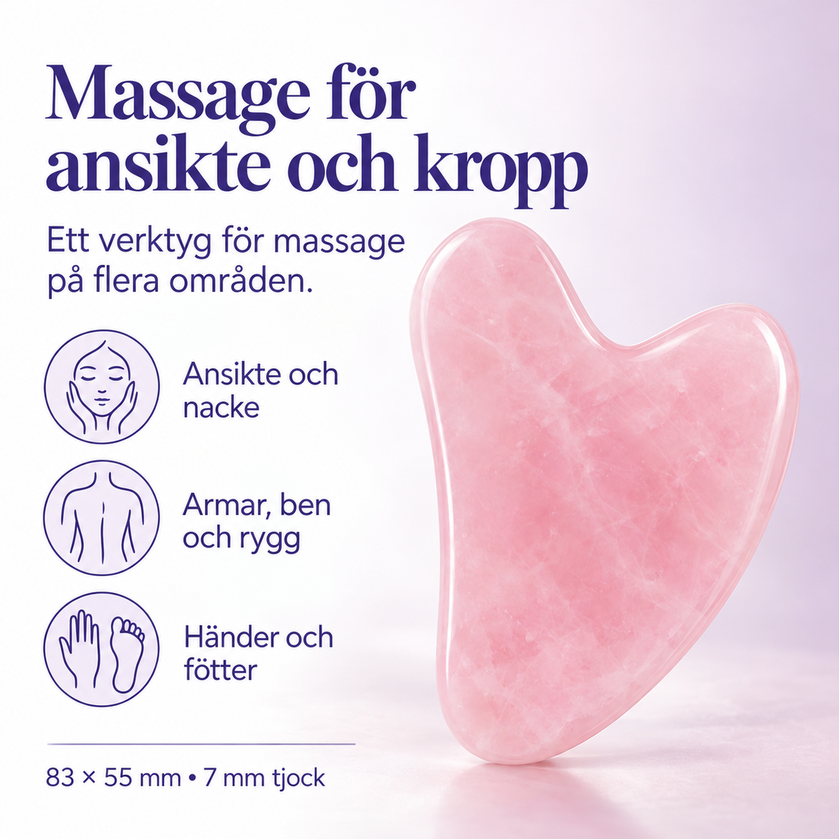 Rosa gua sha-verktyg i hjärtform – massageområden ansikte och kropp