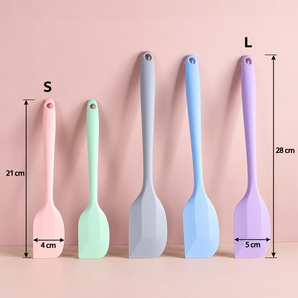 Storlek S 21 cm och L 28 cm för silikonskrapor i pastellfärger