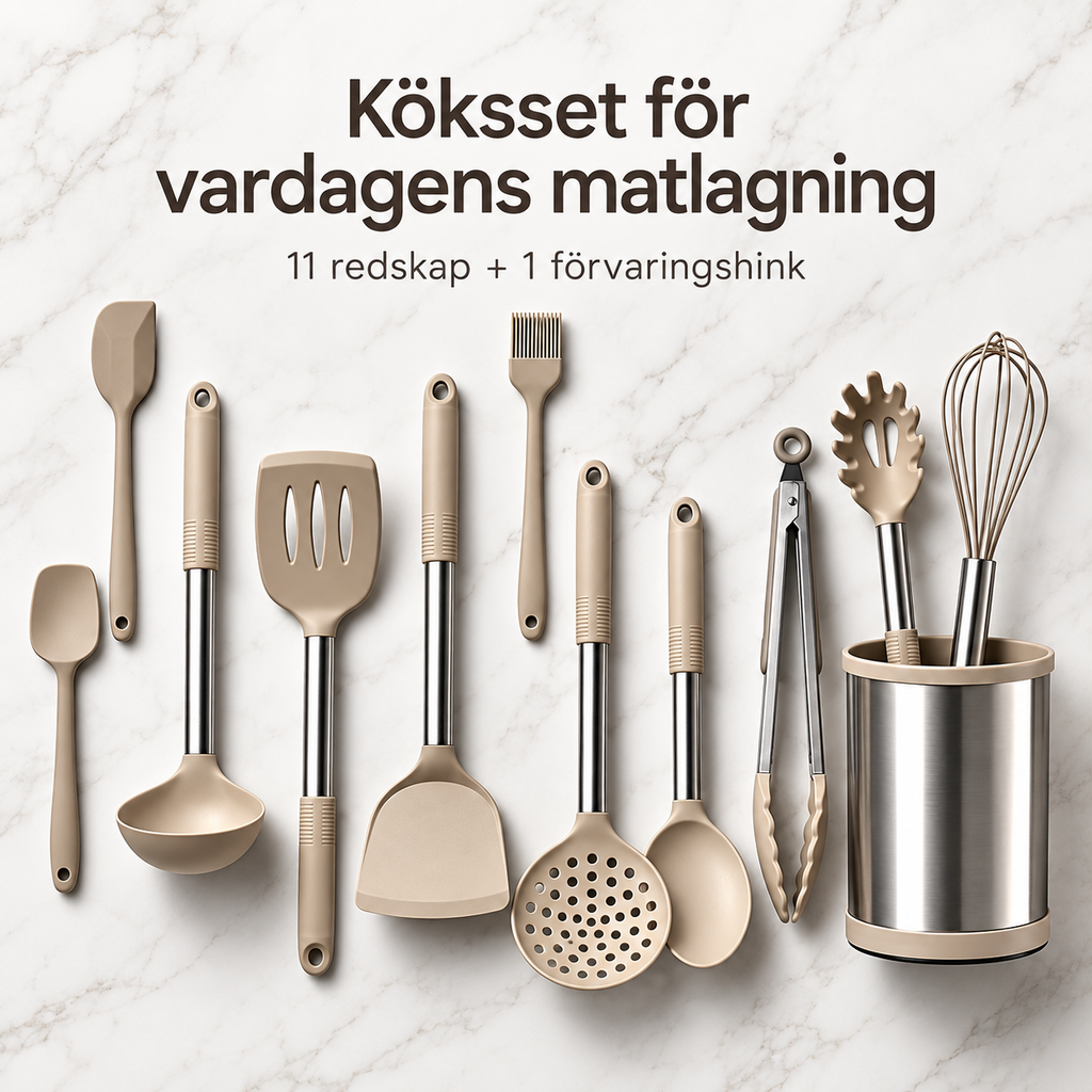 Beige köksset för vardagens matlagning – 11 redskap och 1 förvaringshink
