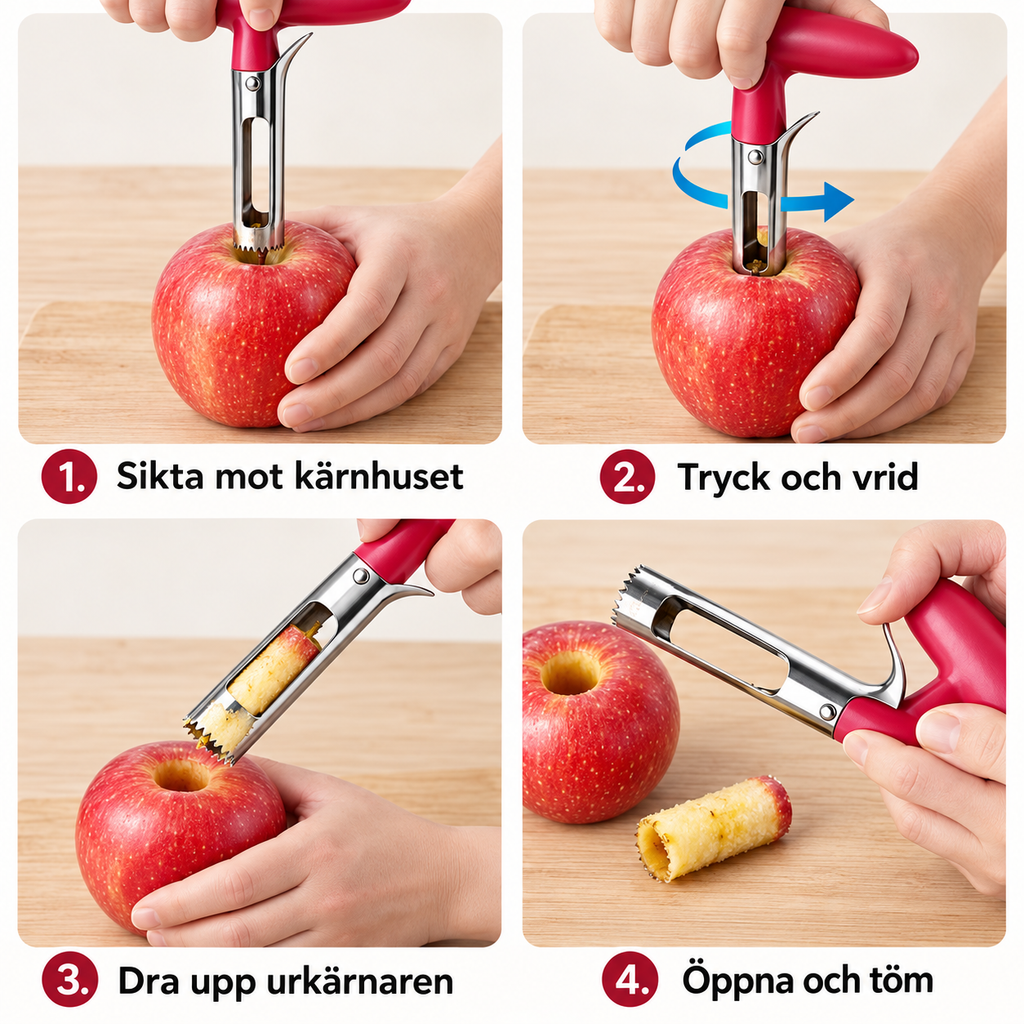 Fyra steg för att kärna ur ett äpple med urkärnaren