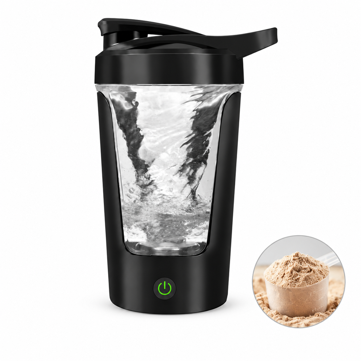 Svart elektrisk shaker med en skopa proteinpulver bredvid