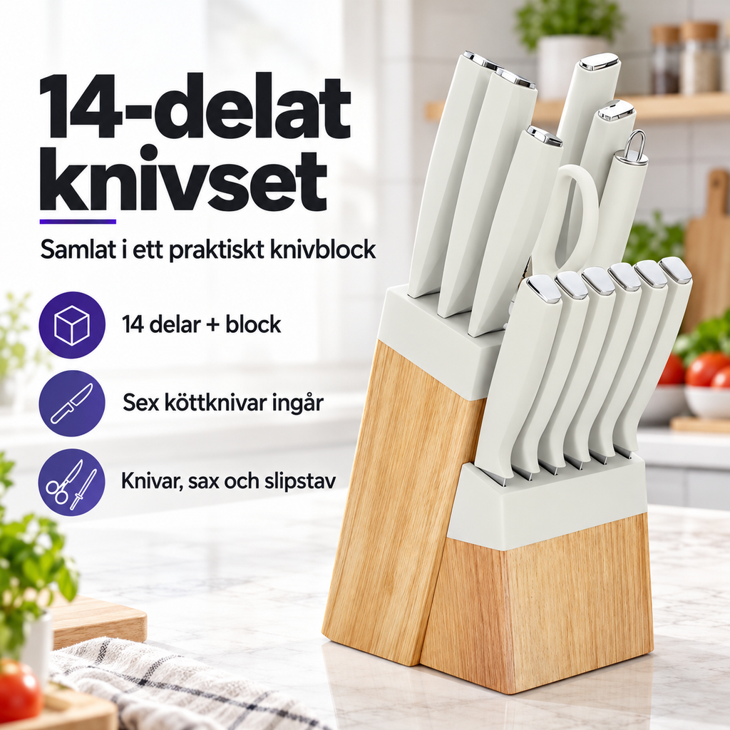 Knivsats 14 delar med knivblock i användning på köksbänk