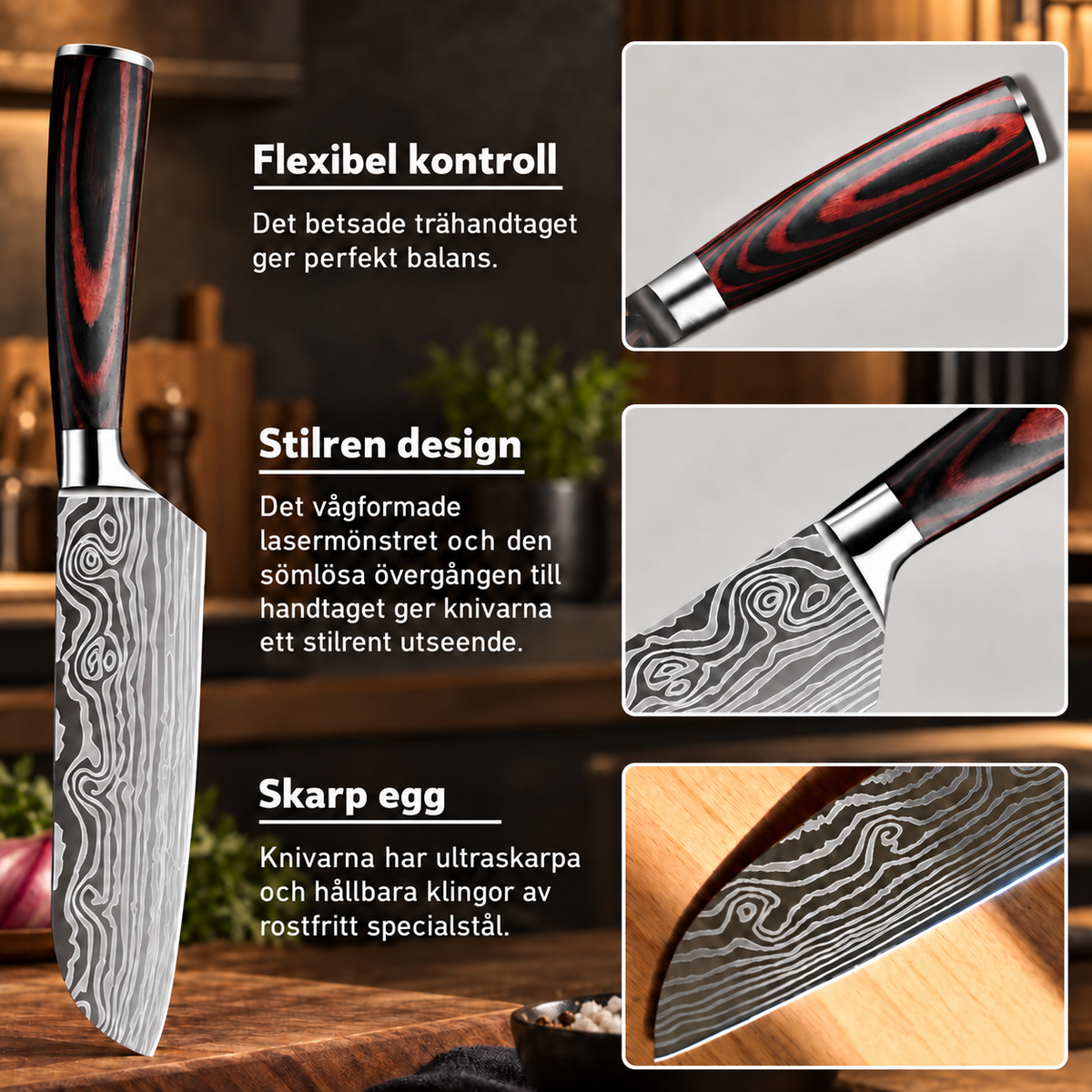 Närbild på trähandtag och bladmönster på en kockkniv