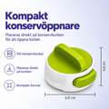 Grön konservöppnare i rostfritt stål med mått 6,8 × 4,8 cm