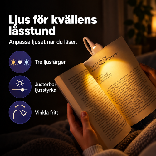 Kvinna läser en bok med läslampan tänd och infografik om ljusfärger och ljusstyrka