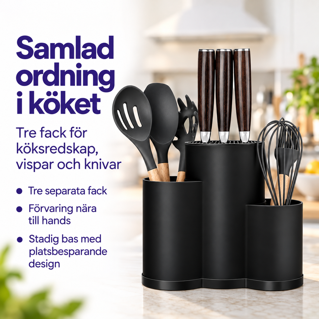 Infografik – knivhållare med tre fack för knivar och köksredskap