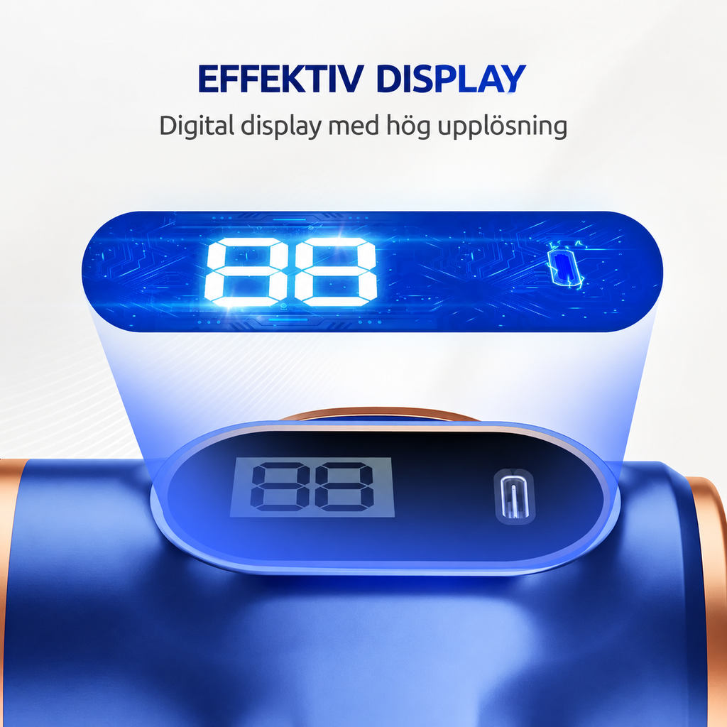 Digital display och USB-C-uttag på blå handdammsugare i närbild