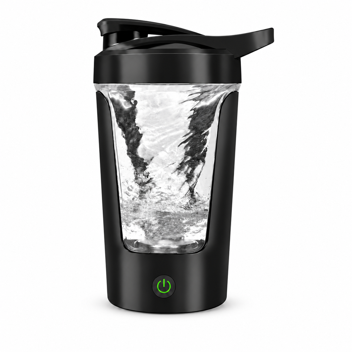 Elektrisk proteinshaker i svart med blandare och startknapp
