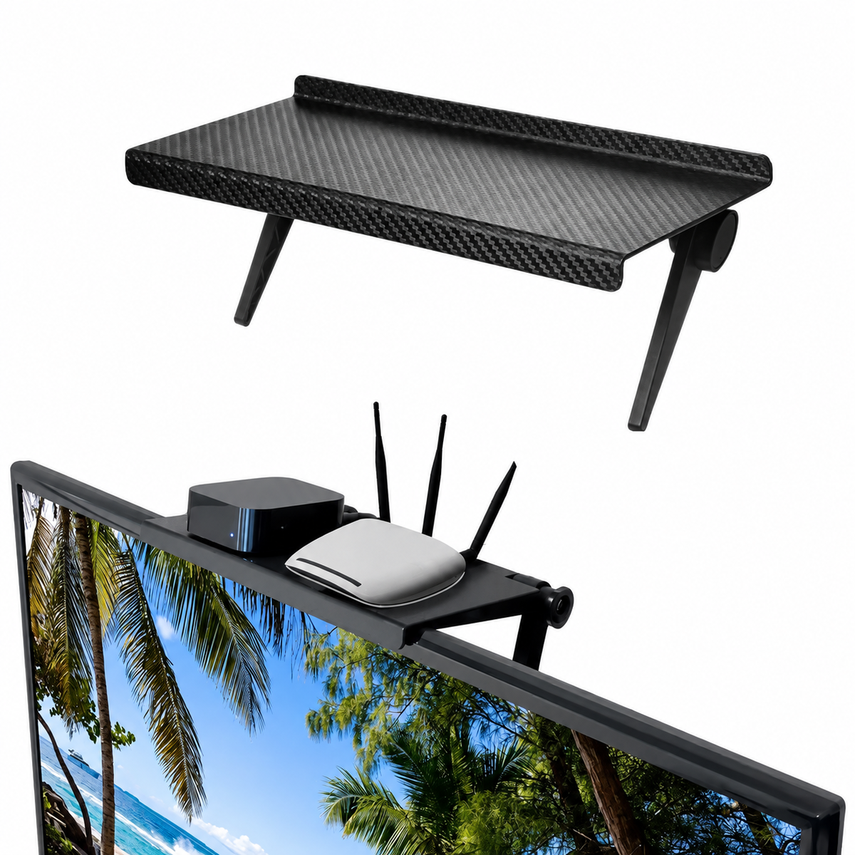 Svart klämhylla monterad på skärmens kant med router