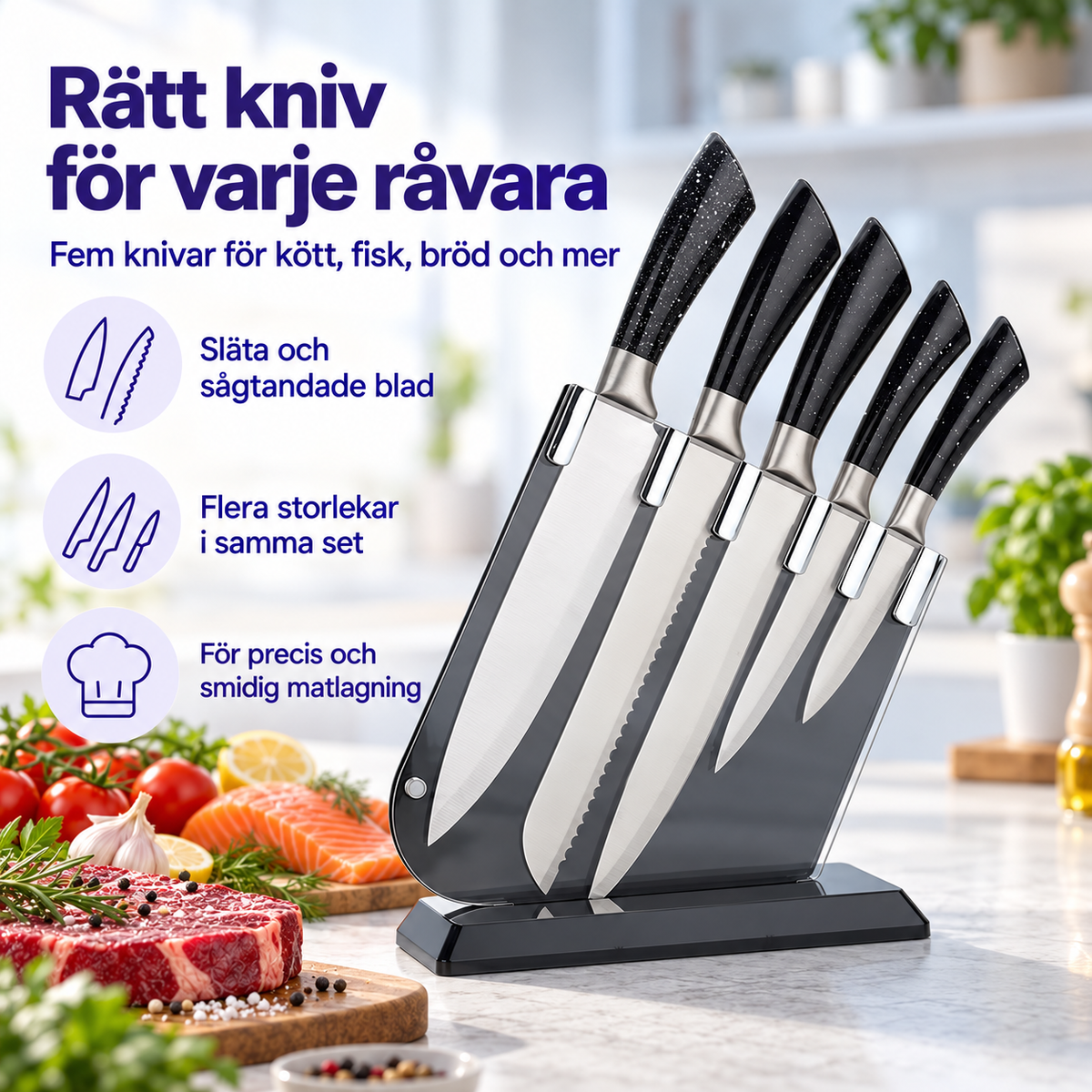Knivset med svarta handtag på en köksbänk bredvid kött och grönsaker