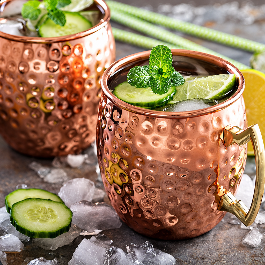 Moscow Mule-muggar i kopparfinish på festdukat bord