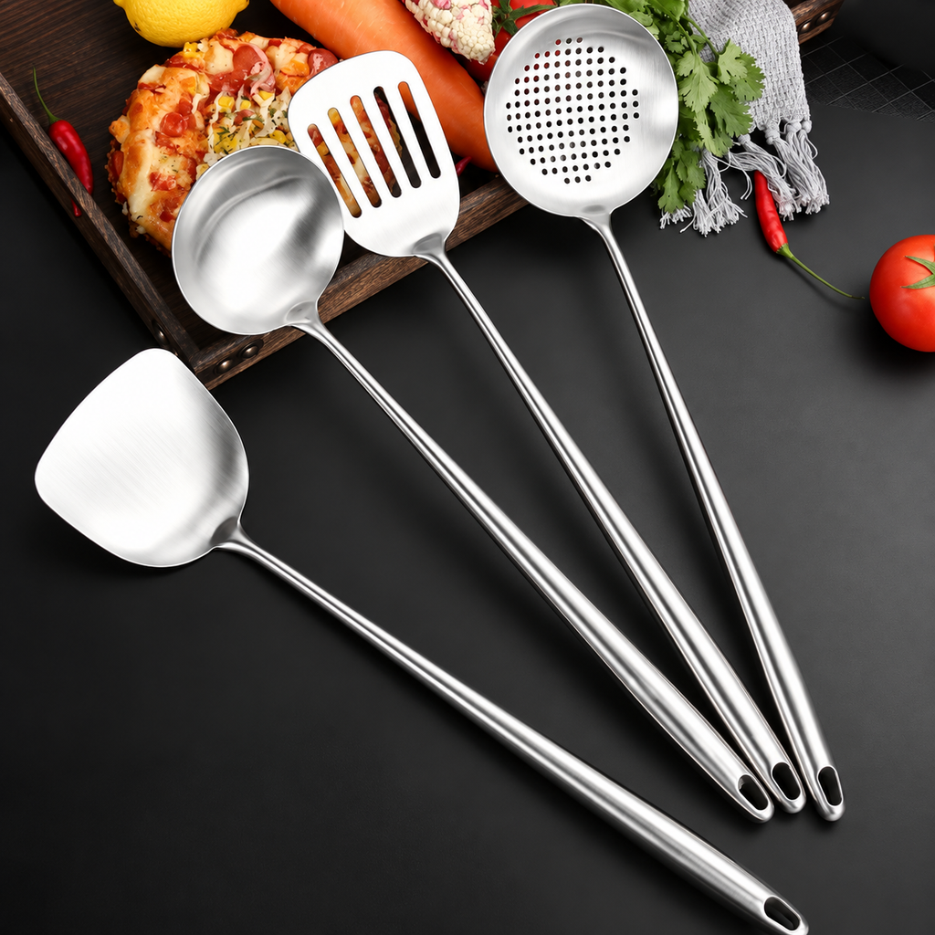 Wokspade, slev, stekspade och hålslev i rostfritt stål