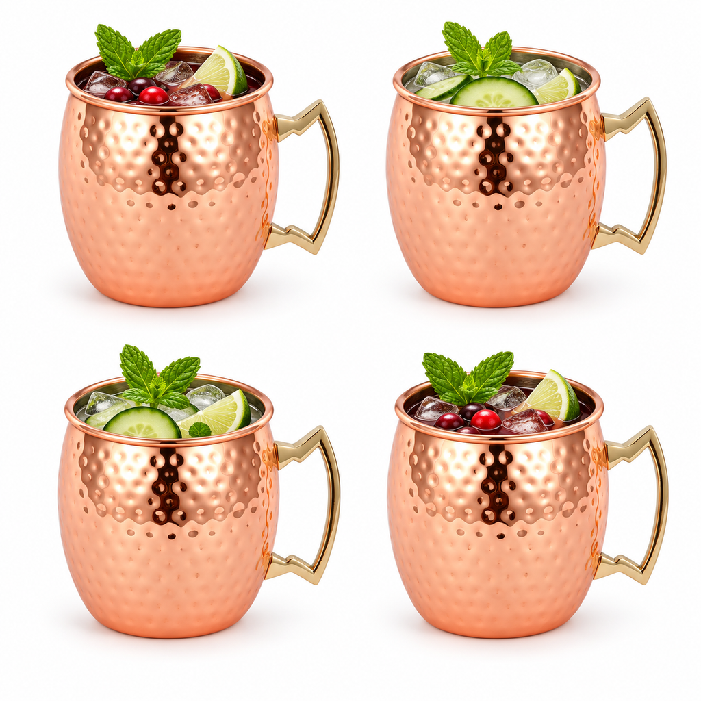 Närbild på hämrad kopparyta och handtag på Moscow Mule-mugg