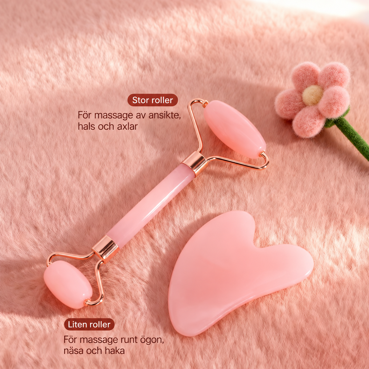 Rosa ansiktsroller och gua sha på rosa fluffig bakgrund med förklaring av stor och liten rulle