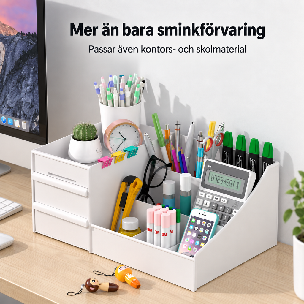 Sminkorganizer använd som förvaring för kontorsmaterial