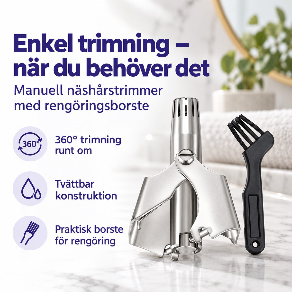 Manuell näshårstrimmer i silver med rengöringsborste på badrumsbänk
